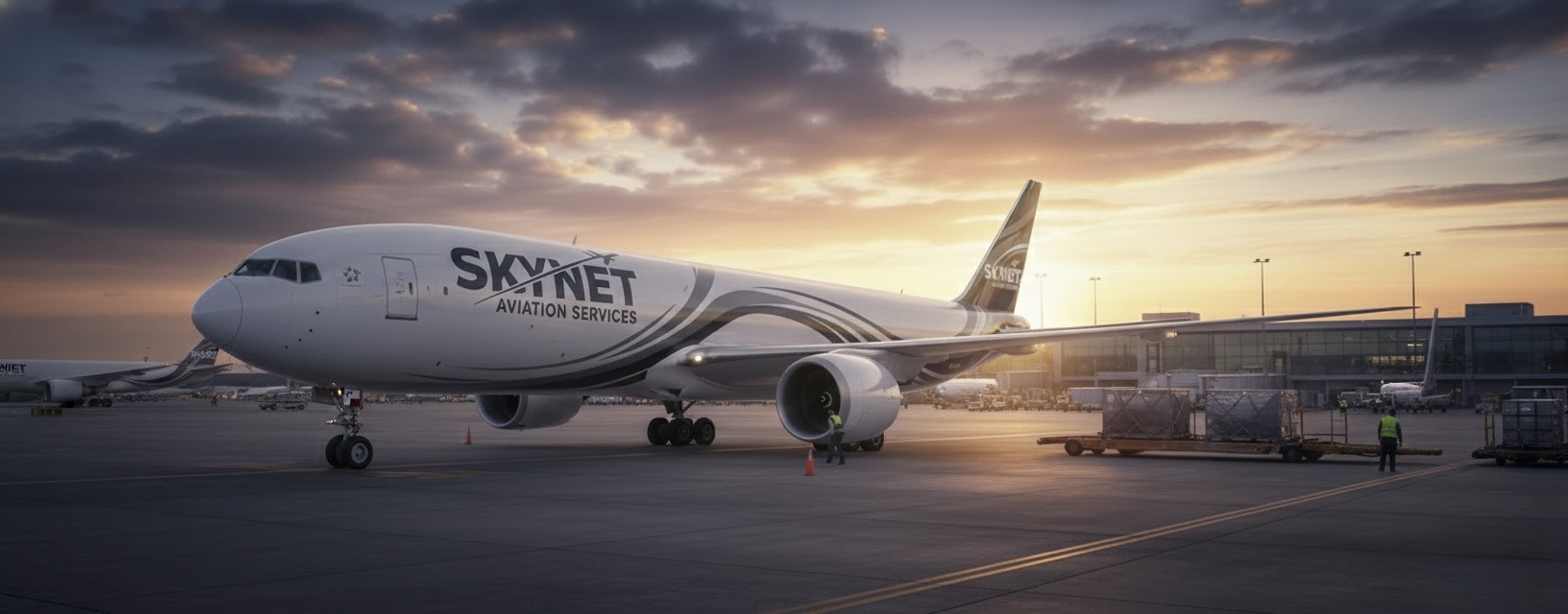A Skynet Aviation Services freighter on the ramp at sunset, cargo pallets alongside.